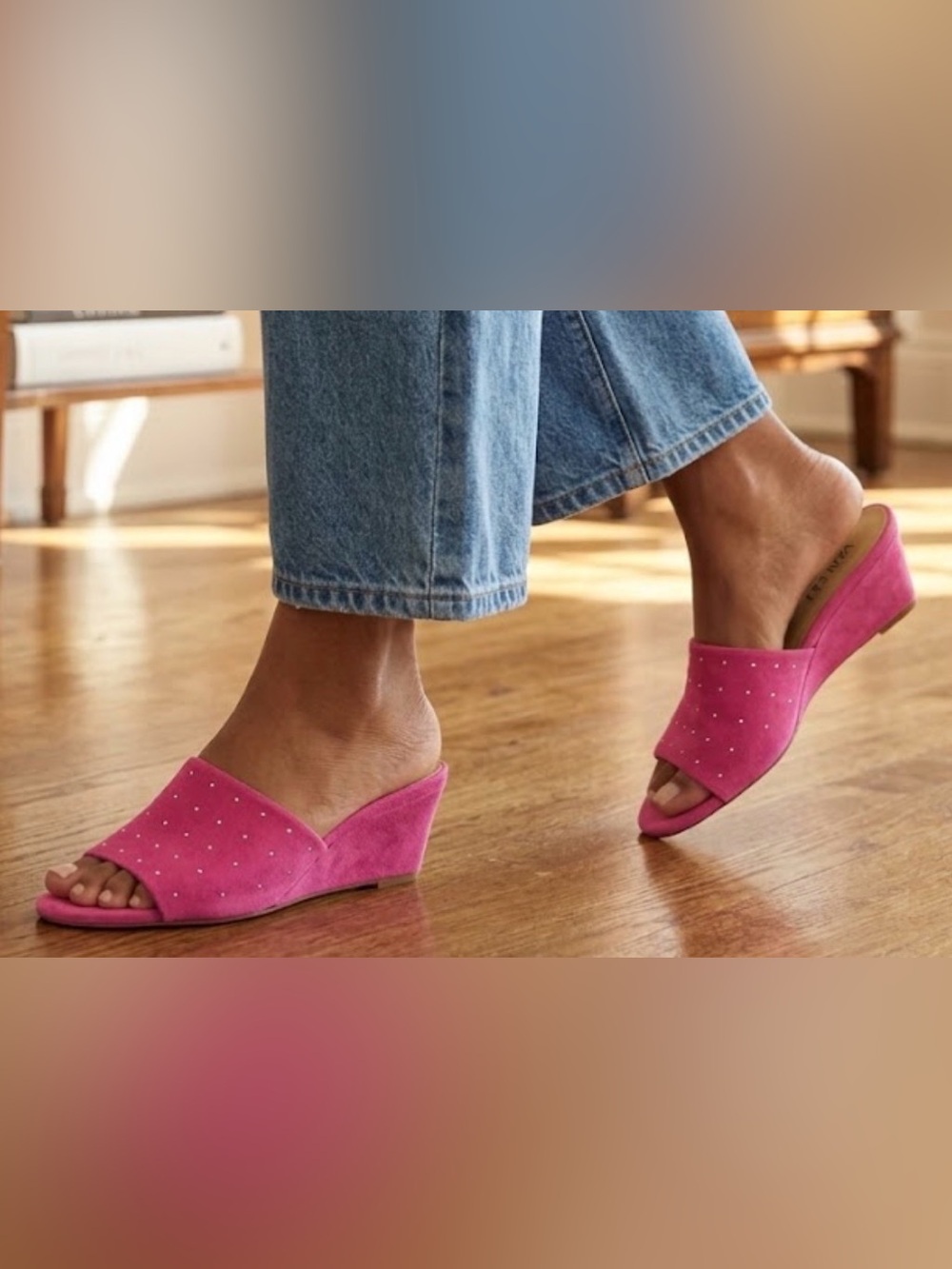 Vaneli Pink Suede Studded Open Toe Wedge Mules